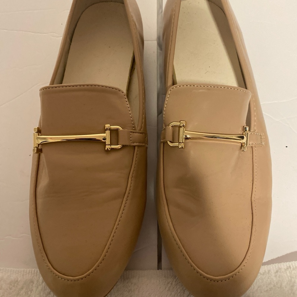 Beige Loafers with Gold Buckle
